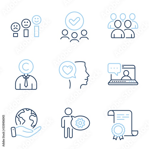 Romantic talk, Copyrighter and Group line icons set. Diploma certificate, save planet, group of people. Friends chat, Customer satisfaction and Cogwheel signs. Vector