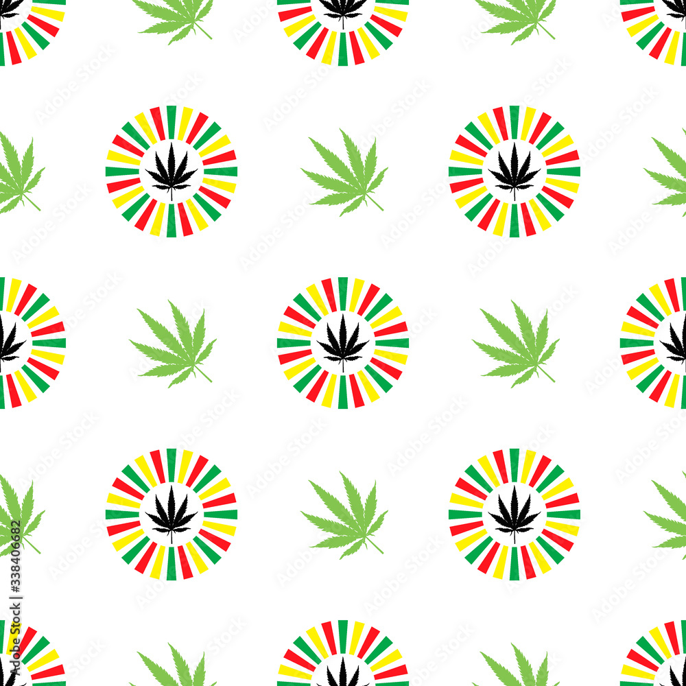Seamless pattern with hemp. Cannabis leaf on white circle beam colorful style. Vector