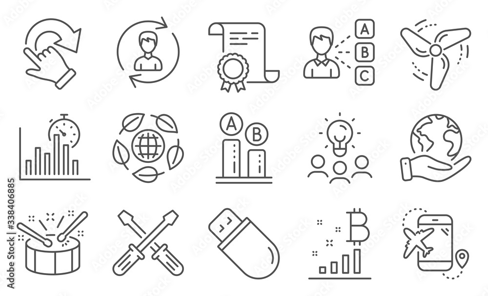Set of Business icons, such as Bitcoin graph, Report timer. Diploma, ideas, save planet. Usb stick, Drums, Ab testing. Human resources, Rotation gesture, Opinion. Vector Set of Business icons, such as Bitcoin graph, Report timer. Diploma, ideas, save planet. Usb stick, Drums, Ab testing. Human resources, Rotation gesture, Opinion. Vector