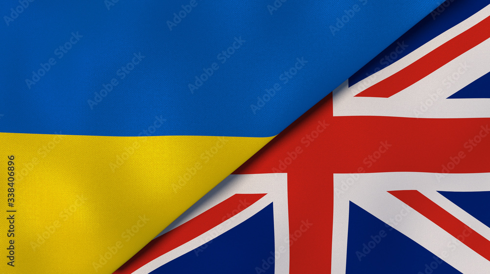 The flags of Ukraine and United Kingdom. News, reportage, business background. 3d illustration The flags of Ukraine and United Kingdom. News, reportage, business background. 3d illustration