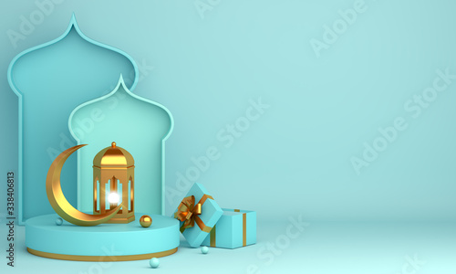 Islamic product display mock up on blue pastel background. Podium, crescent moon, lantern, gift box. Ramadan, eid fitr adha, mawlid concept, 3D rendering illustration. photo