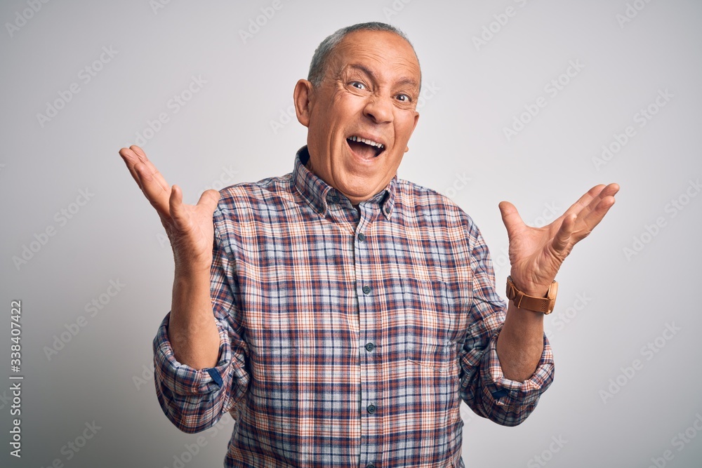 Naklejka premium Senior handsome man wearing casual shirt standing over isolated white background crazy and mad shouting and yelling with aggressive expression and arms raised. Frustration concept.