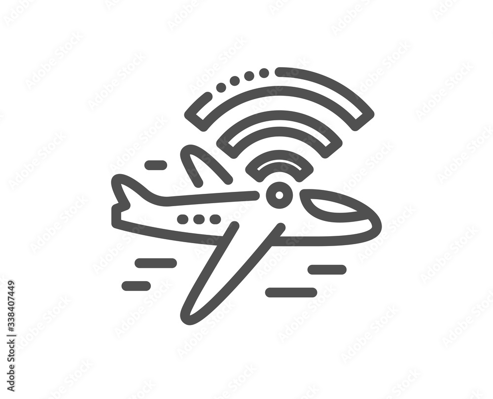 Airplane wifi line icon. Aircraft wi-fi sign. Inflight internet symbol. Quality design element. Editable stroke. Linear style airplane wifi icon. Vector Airplane wifi line icon. Aircraft wi-fi sign. Inflight internet symbol. Quality design element. Editable stroke. Linear style airplane wifi icon. Vector