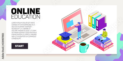 Isometric online education vector banner. E-learning. Imagination ad creativity.