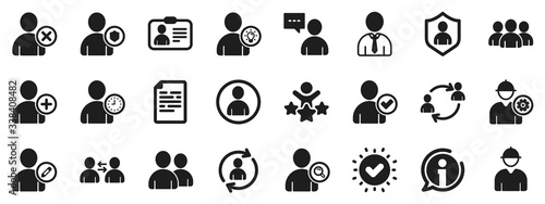 Profile, Group of people and Support signs. Users icons. ID card, Teamwork people and Businessman user symbols. Person talk, Engineer profile and Human Management. Job support. Vector