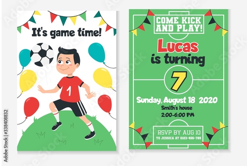 Kids football birthday party invitation vector illustration. Game and win. Place and time information flat style. Come kick and play. Fun soccer and childhood concept
