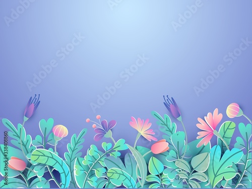 Spring or summer floral background in paper style vector illustration. Blooming flowers on blue backdrop. Garden rose and tulips. Art and warm season wallpaper concept