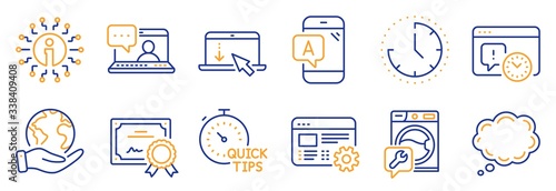 Set of Technology icons, such as Washing machine, Comic message. Certificate, save planet. Scroll down, Time, Web settings. Project deadline, Info, Friends chat. Vector