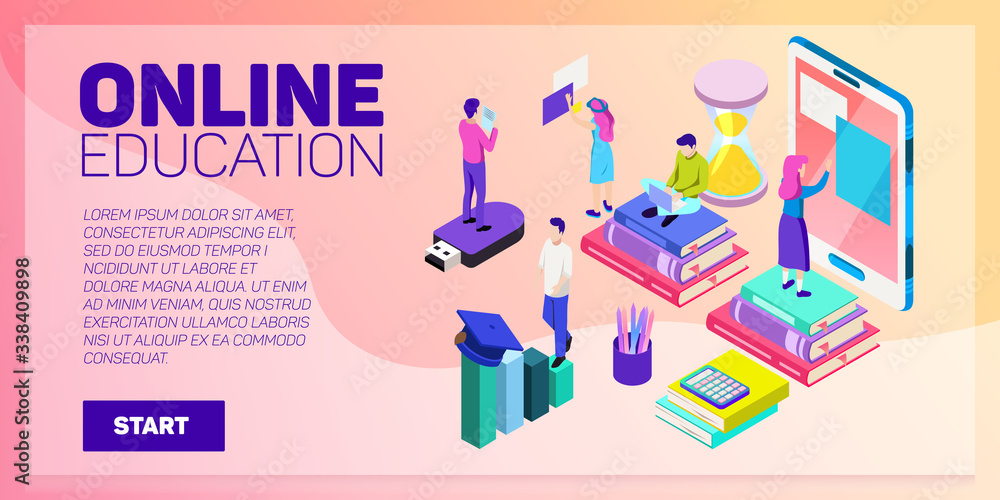 Isometric online education vector banner. E-learning. Imagination ad creativity.