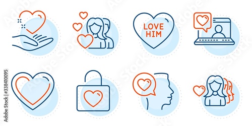 Hold heart, Wedding locker and Woman love signs. Love him, Couple and Romantic talk line icons set. Heart, Friends chat symbols. Sweetheart, Valentines day. Love set. Outline icons set. Vector