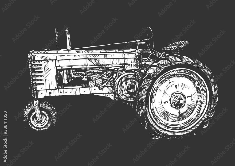 Vector drawing of tractor stylized as engraving