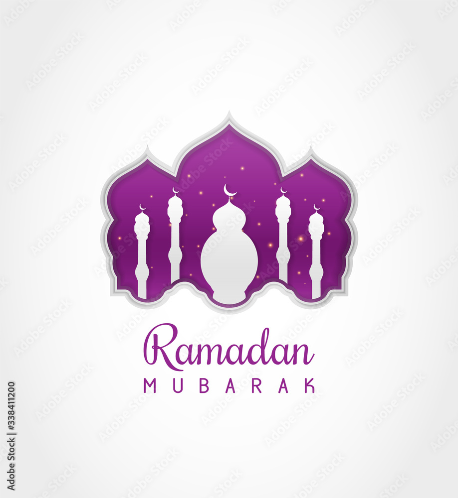 Ramadan Mubarak greeting card, cover, poster and banner with paper cut style. Beautiful purple vector Mosque illustration Ramadan Mubarak greeting card, cover, poster and banner with paper cut style. Beautiful purple vector Mosque illustration