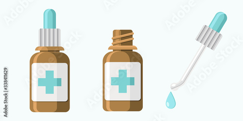 Nasal drops with pipette flat vector illustration. Set of three illustrations.