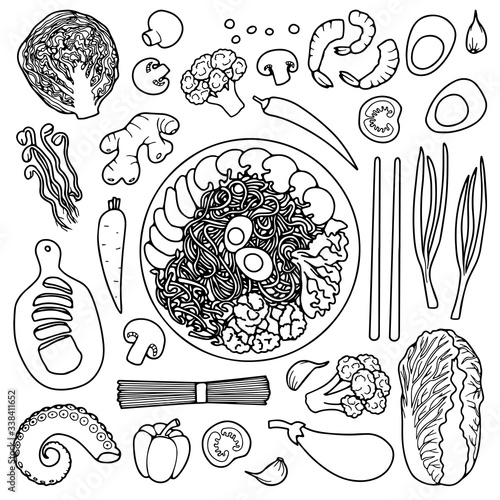 Hand drawn asian ramen ingradients vector set.