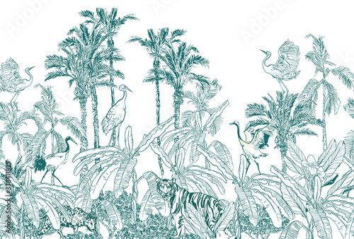 Seamless Border Animals in Tropical Forest with Banana Palms Blue on White background, Lithography Jungle Wallpaper Mural, Wildlife High End Back Drop Heron, Crane, Tiger, Leopard in Exotic Plants