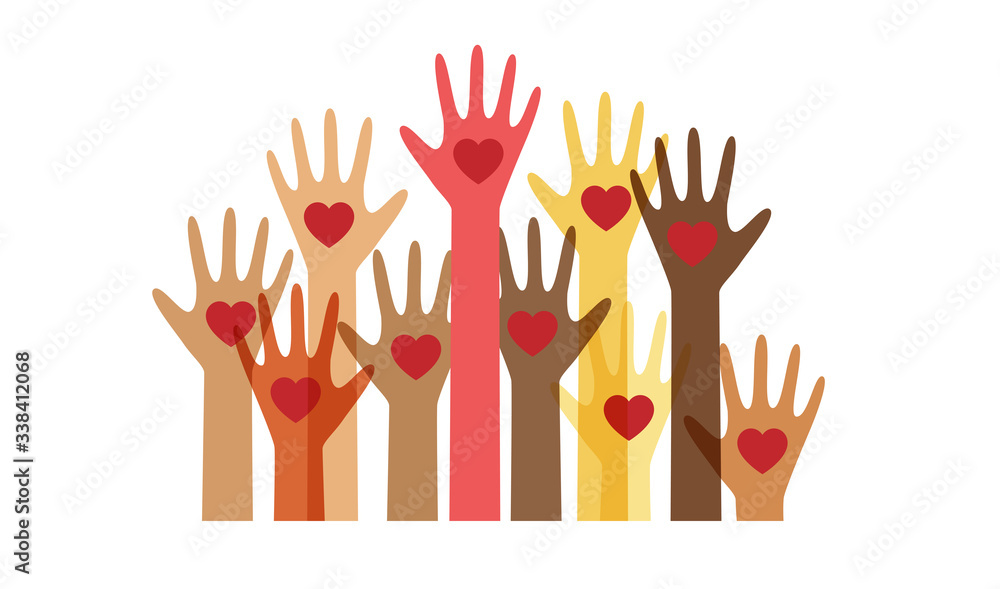 Human hand, palm with heart different races colorful vector illustration. Volunteer, charity help concept.