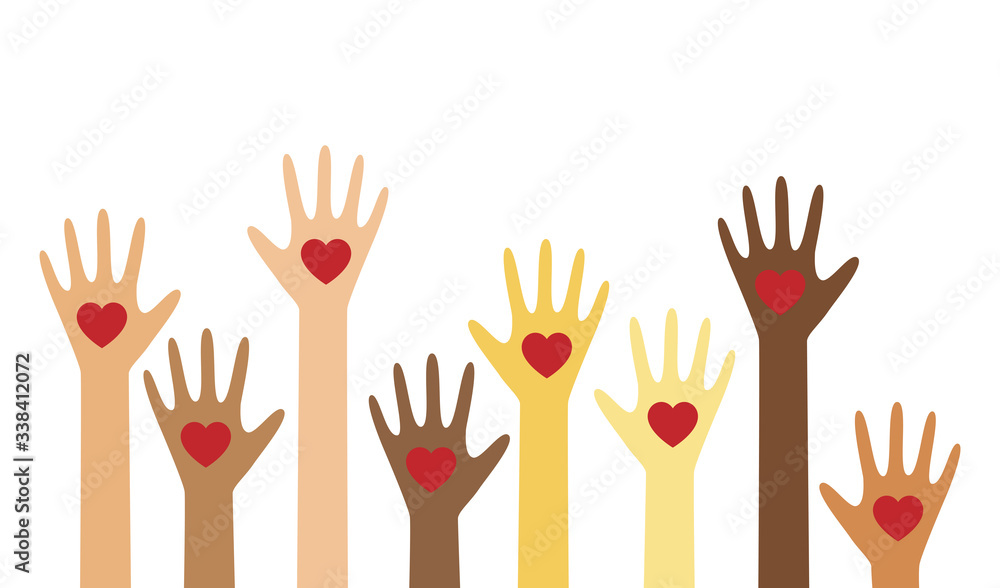 Human hand, palm with heart different races colorful vector illustration. Volunteer, charity help concept.