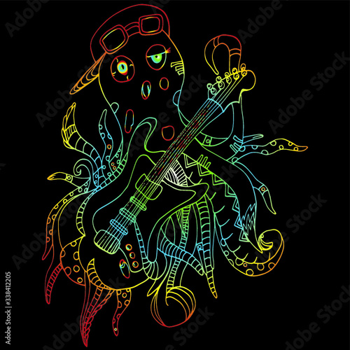 Octopus plays the guitar. With a cap and sunglasses. Variety  decorated tentacles. Sea monster under water. Freehand sketch. Bright  cartoon illustration.