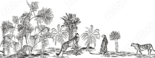 Black and White Lithography Jungle Forest Tropical Plants with Safari Wildlife Cheetah , Panoramic View Tropics Desert