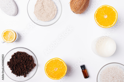 Flat lay frame natural ingredients for homemade cosmetic scrub