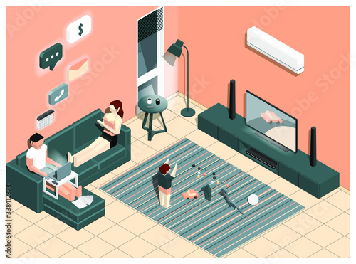 isometric vector illustration of a man work from home. On his couch with his wife and son.