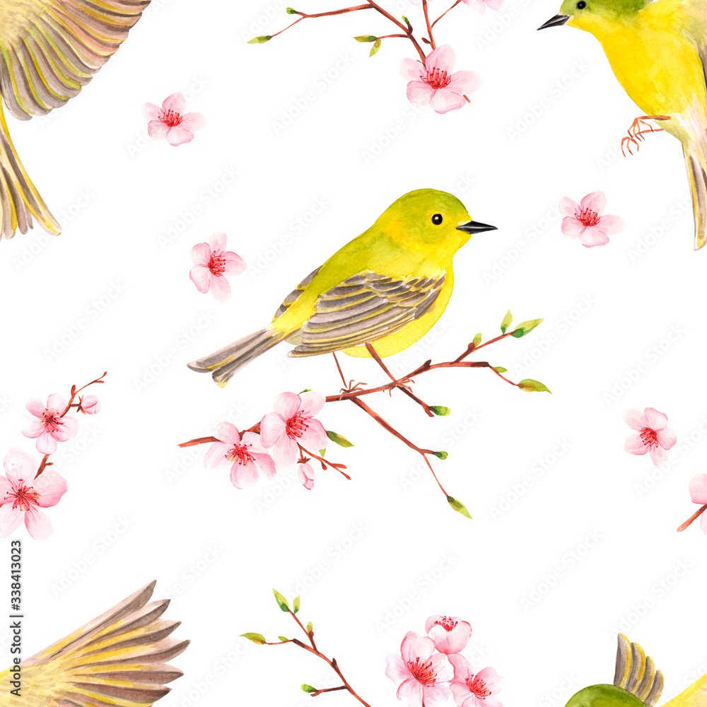 Romantic seamless texture with bird on flowering cherry branch. watercolor painting