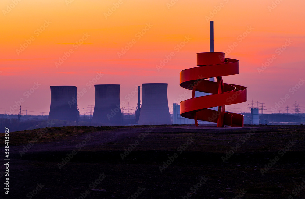 Landmark in Hamm Westfalen in the Ruhrgebiet at sunset in front of a power plant - obrazy, fototapety, plakaty 
