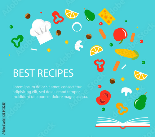 Best recipes concept with cookbook and flying food ingredients, vector illustration
