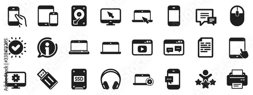 Set of Laptop, Tablet PC and Smartphone signs. Mobile Devices icons. HDD, SSD and Flash drives. Headphones, Printer devices and Mouse icons. Chat speech bubbles. Approved check, document. Vector