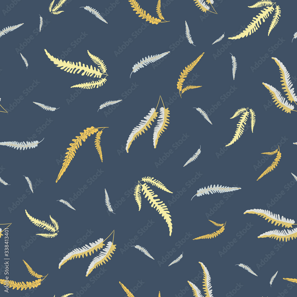 Fern leaves vector seamless pattern background. Forest plant frond on blue backdrop. Hand drawn silver, gold botanical foliage illustration. All over print for fabric, textile, soft furnishing