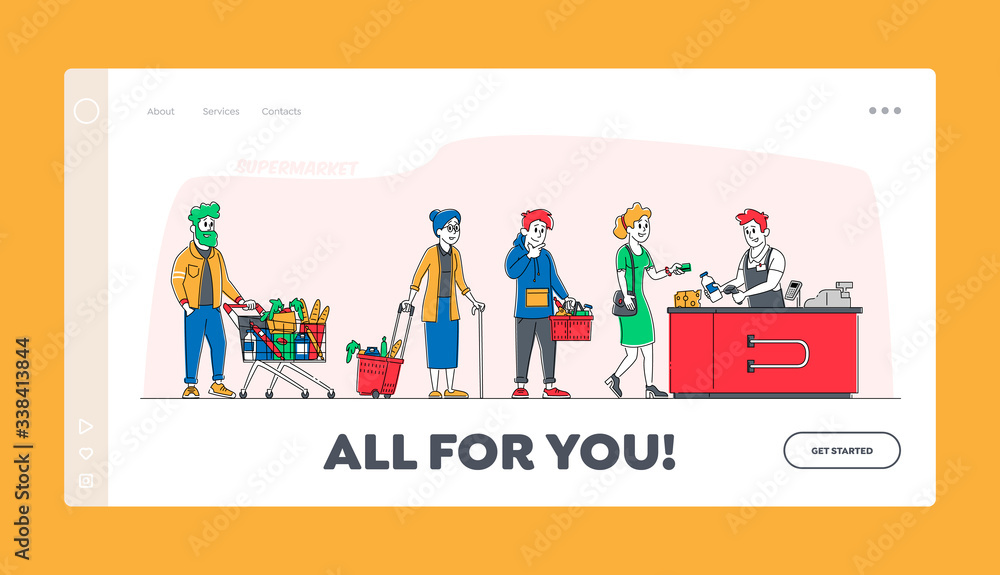 Shopping Queue in Supermarket Landing Page Template. Customer Characters with Goods in Trolley, Basket and Cart Stand at Cashier Desk Pay for Purchase Credit Cards. Linear People Vector Illustration