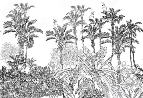 Obraz Seamless Border Oleander and Hibiscus Flowers in Palms with Exotic Birds and Leopard, Parrots and Wild Animals in Tropics, Toile Panorama View Wallpaper Mural