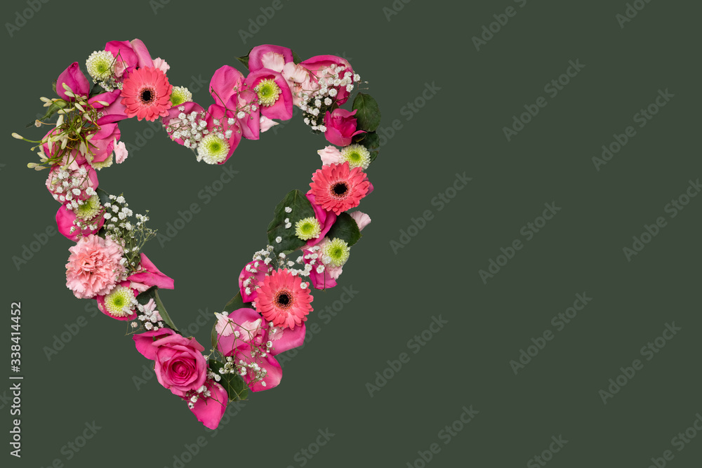 romantic heart of flowers for valentine in pink green red white with green background