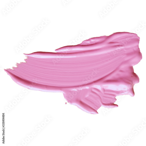 Lip gloss make up swatch. Acrylic paint smear on white background.