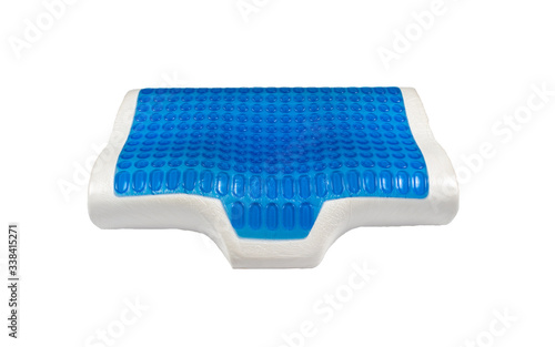 Orthopedic pillow from latex with memory and cooling effect, hydro gel layer. Medical treatment pillow for sleep under the head with a recess under the neck isolated on white background.