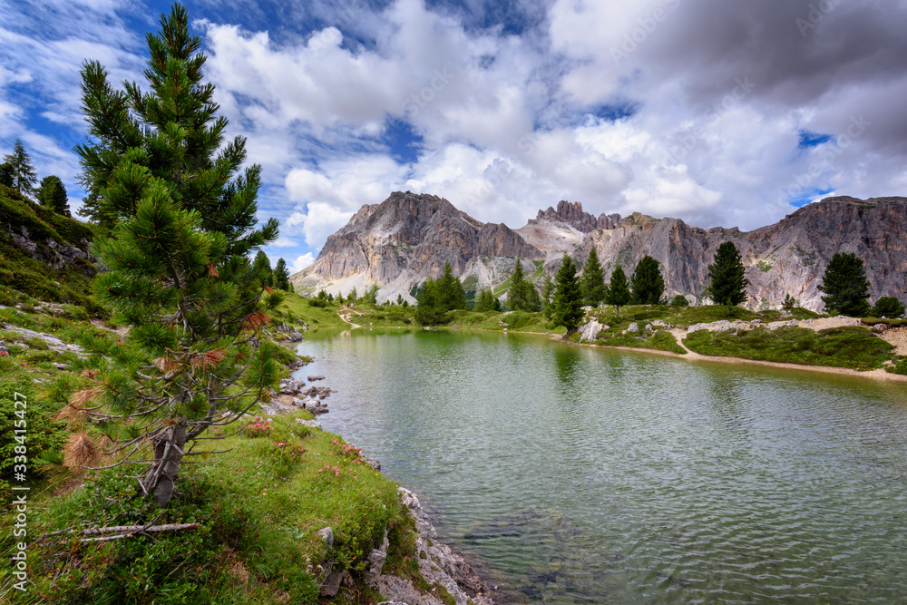 Amazing view on Lìmides lake, Dolomites, Belluno. Italy. In backgroung the Lagazuoi peak,. Dolomites Alps, Italy, Europe.