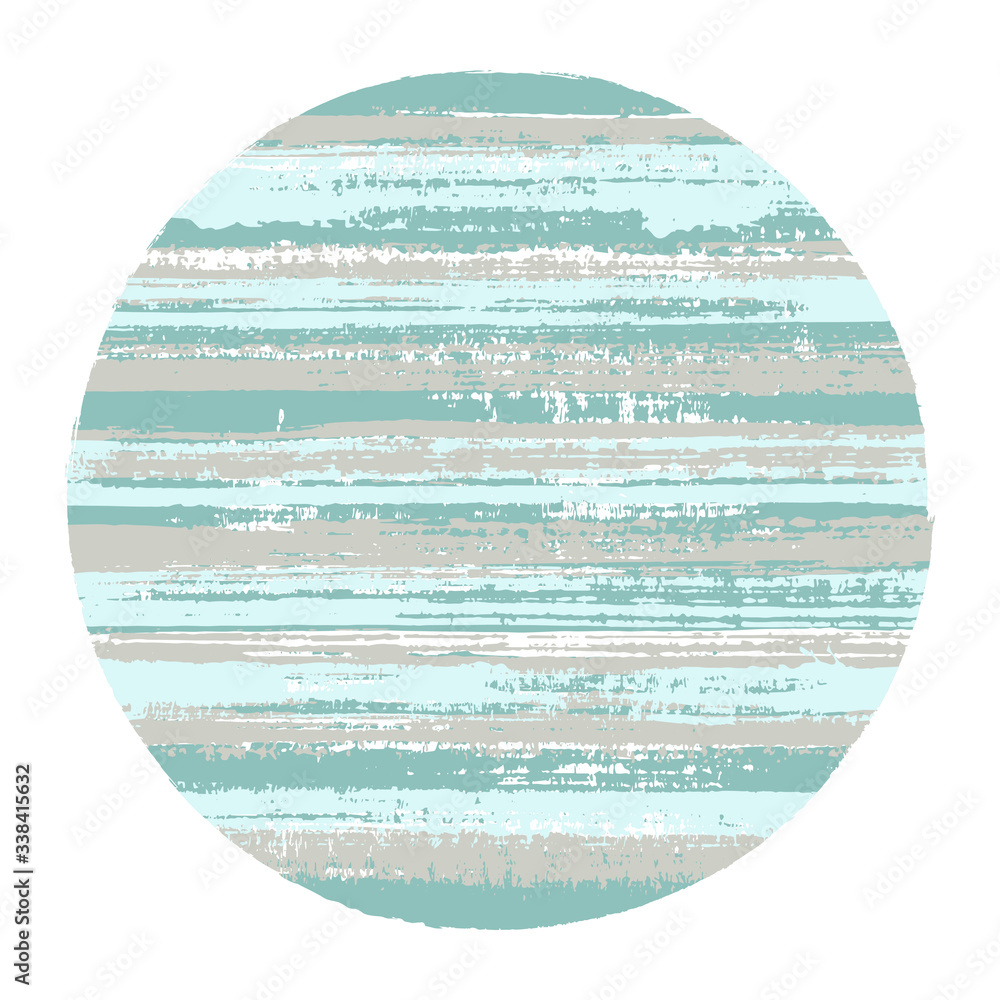 Circle vector geometric shape with striped texture of paint horizontal lines. Planet concept with old paint texture. Stamp round shape circle logo element with grunge background of stripes.