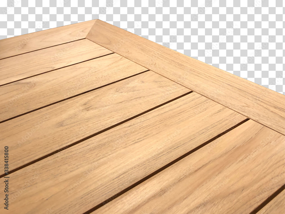 Perspective view of wood or wooden table top corner on isolated transparent background including clipping path Perspective view of wood or wooden table top corner on isolated transparent background including clipping path