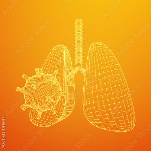 Corona Virus and Lungs with trachea bronchi internal organ human. Covid virus pulmonology medicine science concept. Wireframe low poly mesh vector illustration.