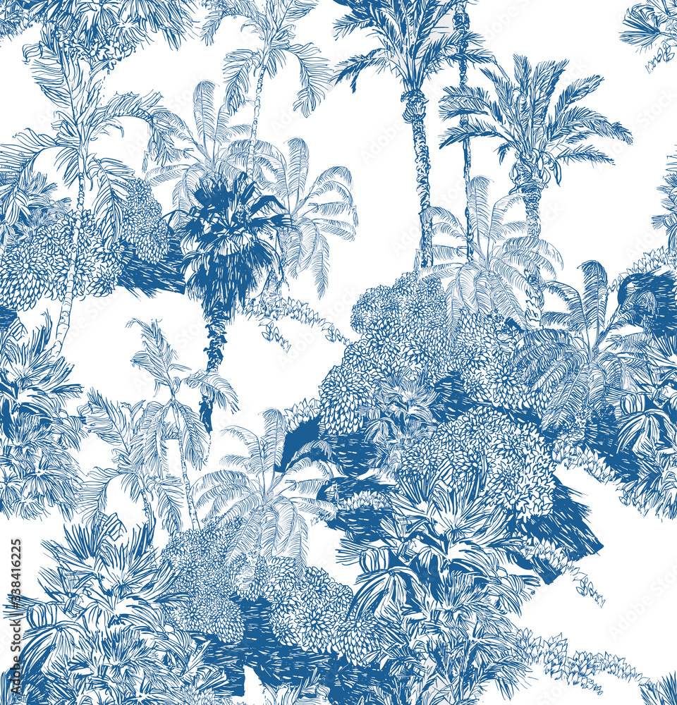 Seamless Pattern Blue and White Cobalt Tropical Jungles with Palms and Mountains, Blue Rainforest Toile Print, Tropical Engraving Illustration Wallpaper Mural, Classic Hand Drawn Landscape Design