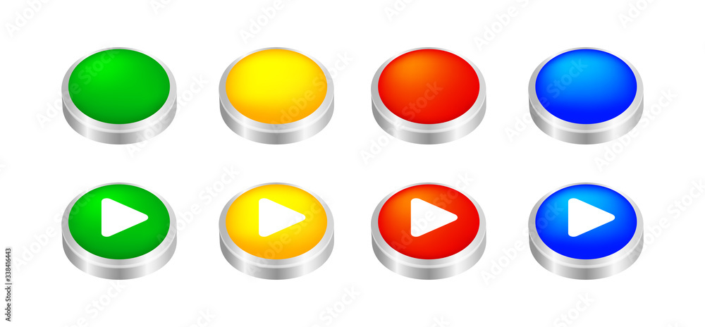 button circle 3d shape for buttons games play isolated on white, colorful modern buttons simple and convex, sphere button flat style icon sign for application play, buttons play for website and app