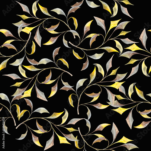 Yellow-beige watercolor branches on black background: floral seamless pattern, hand drawn wallpaper design, tender textile print.