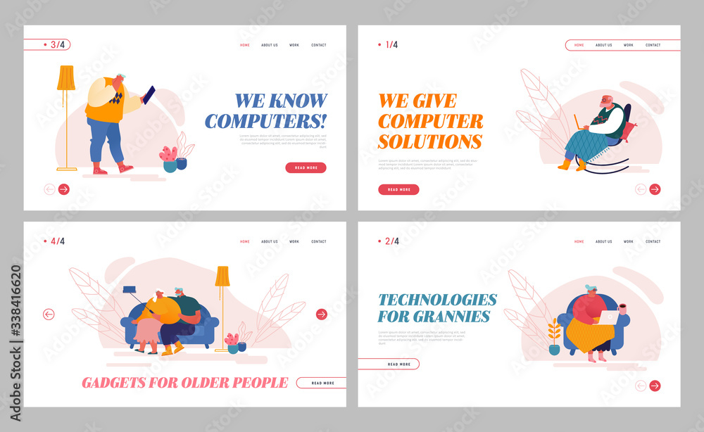 Senior People Using Smart Devices Landing Page Template Set. Old Characters Use Gadgets, Making Selfie on Smartphone, Chatting on Laptop Sitting at Home, Self Isolation. Cartoon Vector Illustration