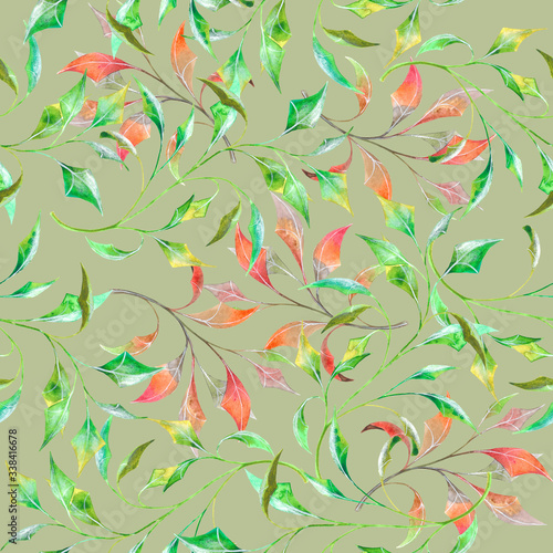 Red and green watercolor branches on pale green background: floral seamless pattern, hand drawn wallpaper design, tender textile print.