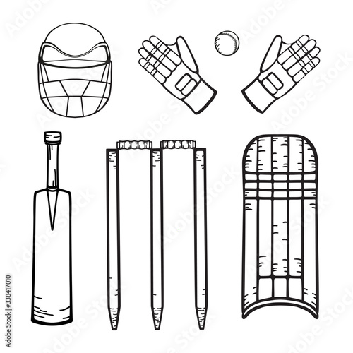 Cricket equipment. Hand drawing in cartoon style. Set of vector isolated icons on white background for coloring and design.