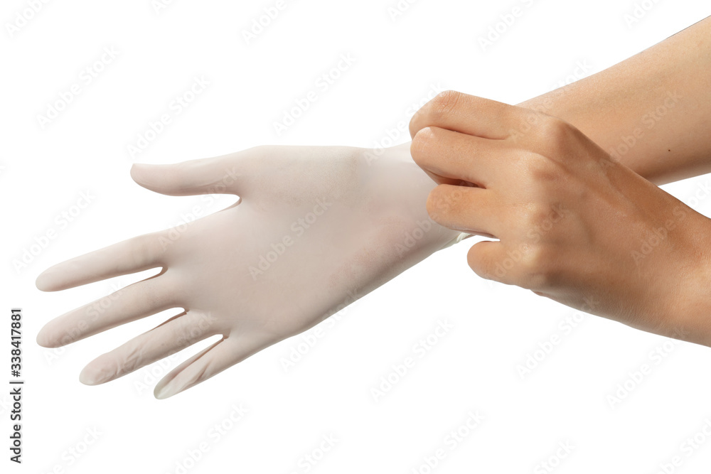 doctor putting on sterile gloves isolated on white background with clipping path doctor putting on sterile gloves isolated on white background with clipping path