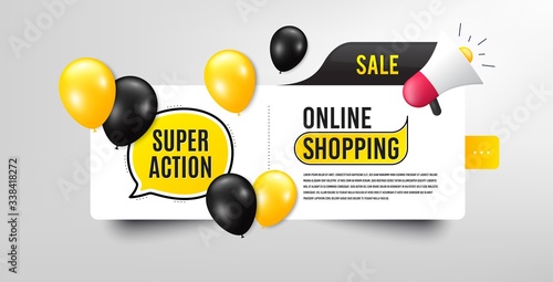 Super action symbol. Sale banner with balloons. Special offer price sign. Advertising discounts symbol. Speech bubble megaphone. Online shopping banner with balloons. Super action promotion. Vector