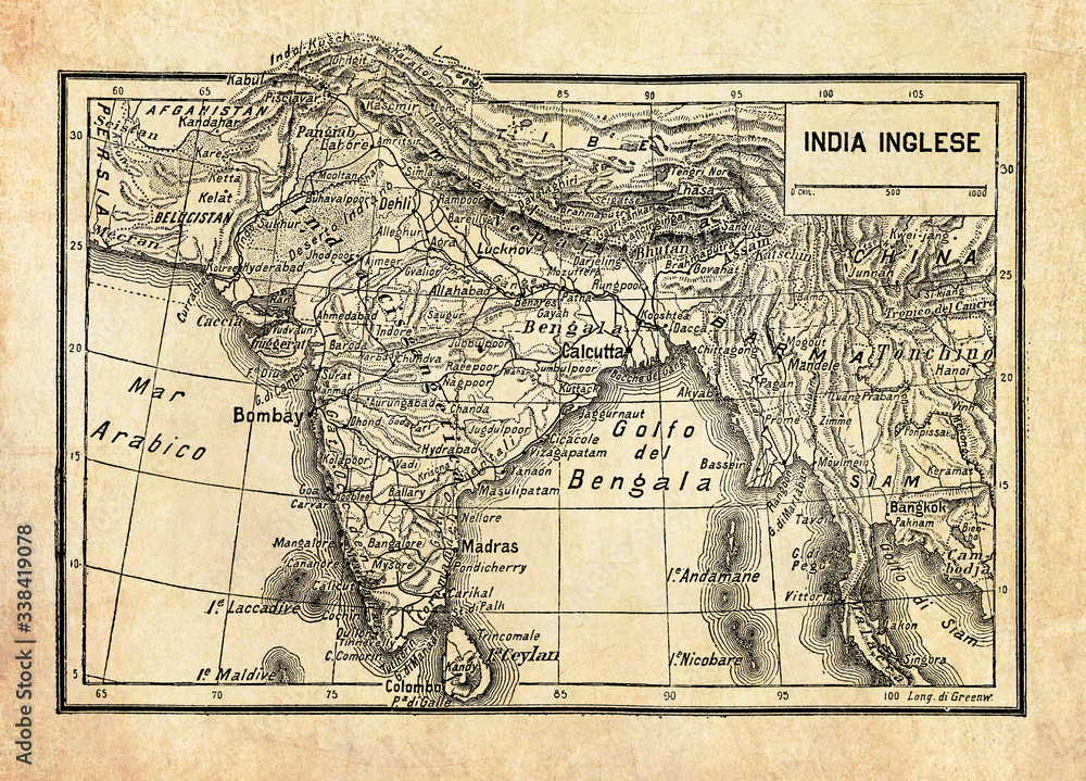 Ancient Map Of British Empire In India Or British Raj On The Indian ancient-map-of-british-empire-in-india-or-british-raj-on-the-indian