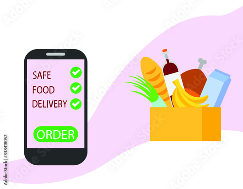 Vector illustration of contactless safe food delivery. Quarantine Coronavirus Covid-19. Supermarket food home delivery.