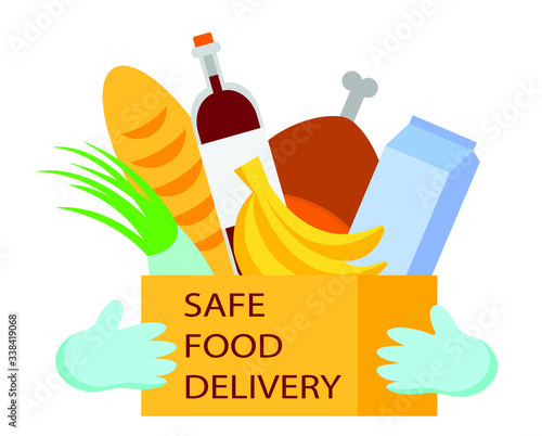 safe foof delivery concept - hands in gloves holding a box with products - coronavirus covid - 19 quarantine 